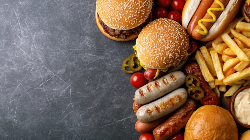 Assorted american fast food burgers and sides arranged on a gray textured surface with copyspace on the left