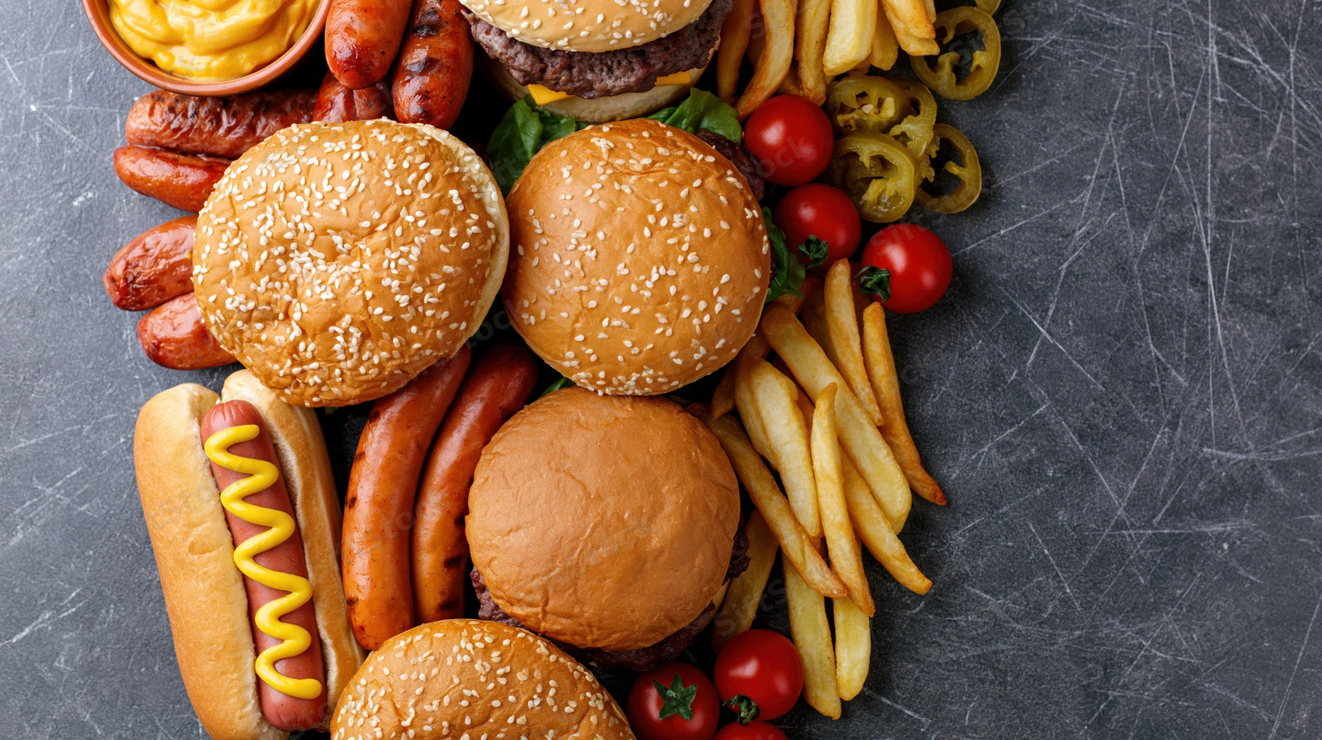 Overhead flat lay of assorted american fast food burgers with fries, sausages, and condiments on dark slate surface