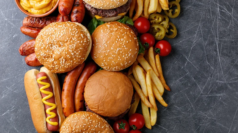 Overhead flat lay of assorted american fast food burgers with fries, sausages, and condiments on dark slate surface