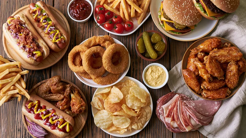 Overhead flat lay of assorted american fast food spread across wooden table with burgers, hotdogs, fries, onion rings, chicken wings, chips, and condiments
