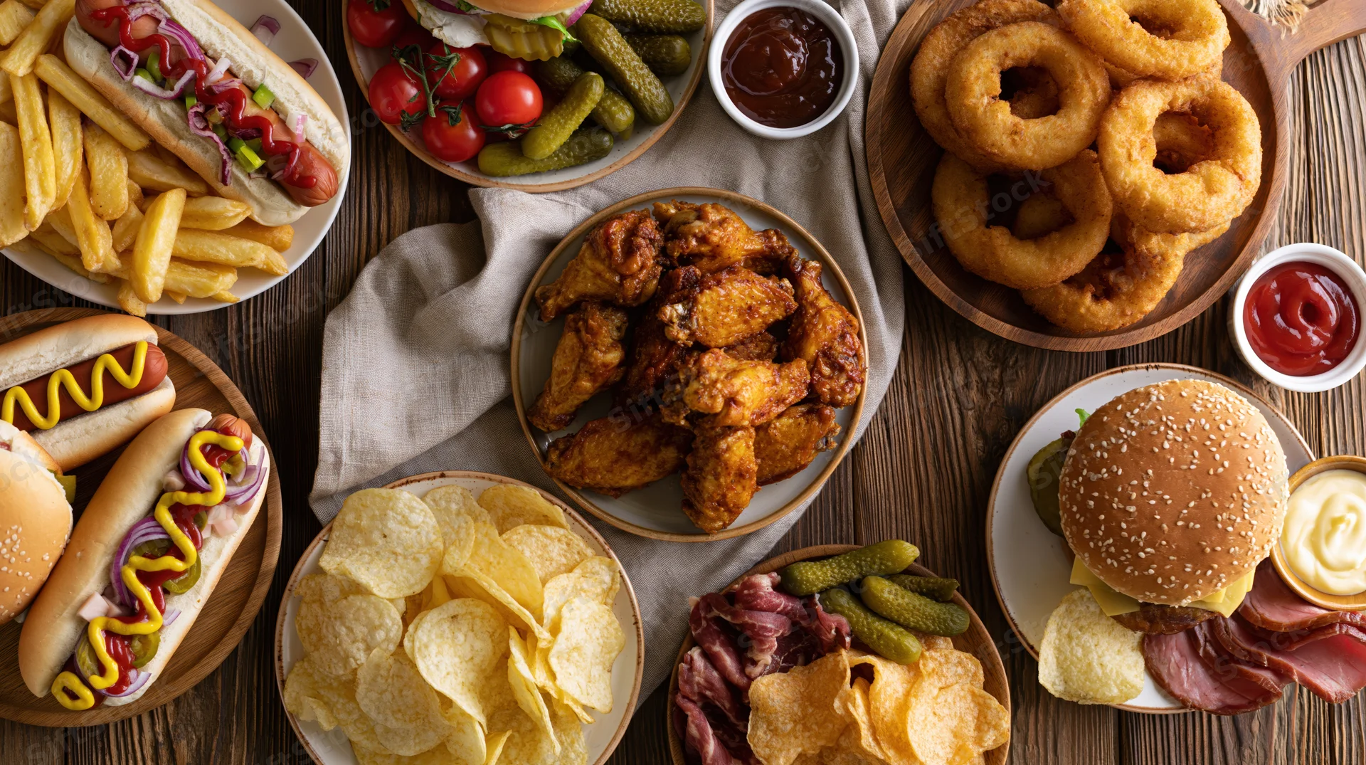Overhead flat lay of assorted american fast food spread across wooden table with burgers, hot dogs, fries, onion rings, chicken wings, chips, and condiments