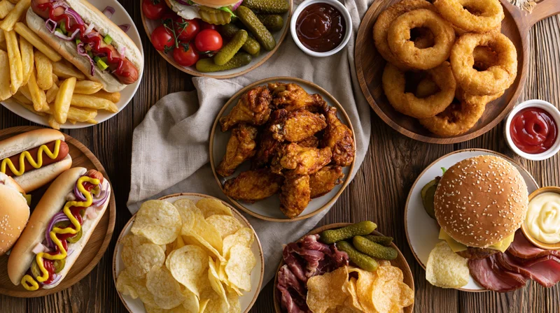 Overhead flat lay of assorted american fast food spread across wooden table with burgers, hot dogs, fries, onion rings, chicken wings, chips, and condiments