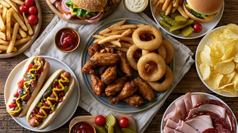Overhead flat lay of assorted american fast food spread across wooden table with burgers, fries, hot dogs, onion rings, chicken wings, chips, and condiments