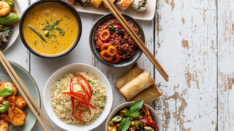 Assorted asian dishes arranged on a rustic white wooden table in overhead flat lay view