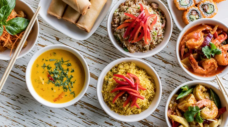 Overhead flat lay of assorted asian dishes arranged on a white wooden table with bowls of rice, curry, soup, spring rolls, sushi, and shrimp stir fry