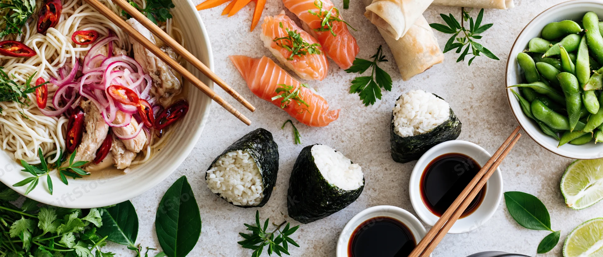 Overhead flat lay of assorted asian dishes including sushi, noodles, edamame, and spring rolls on a light concrete surface