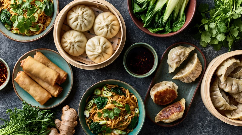 Overhead flat lay of assorted asian dishes including noodles, dumplings, spring rolls and vegetables arranged on dark surface