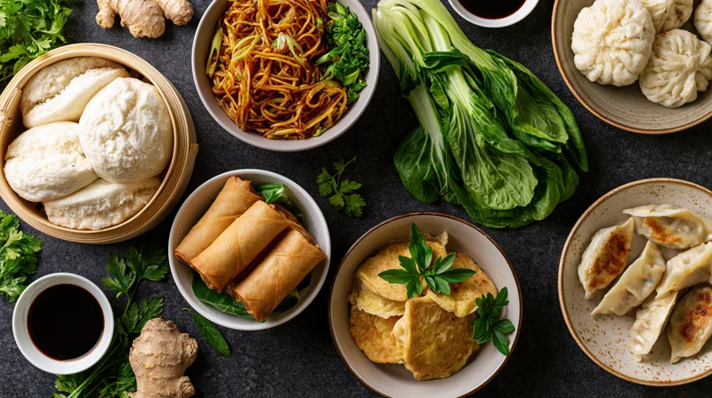 Assorted asian dishes arranged in bowls and plates on dark surface with fresh herbs and ginger