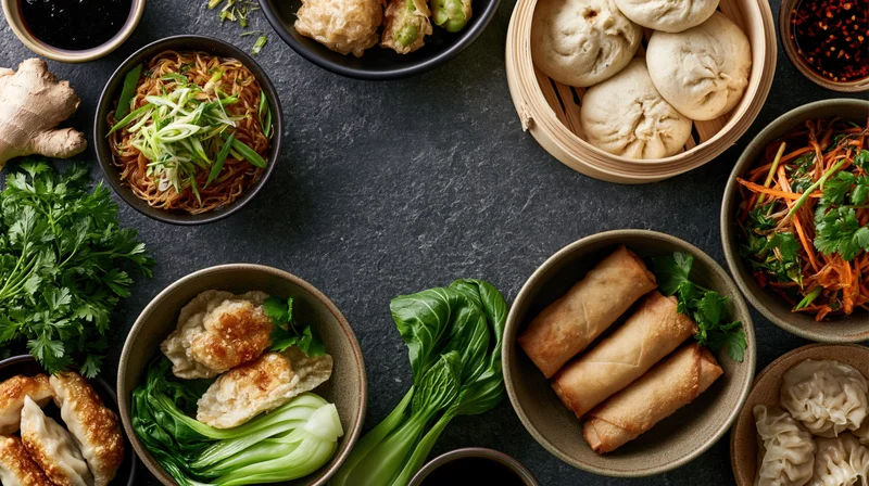 Assorted asian dishes arranged in bowls and baskets on a dark stone table