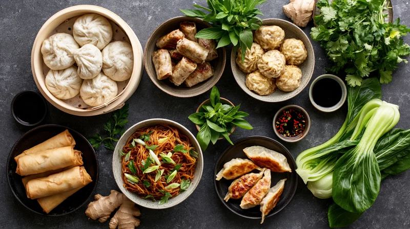 Overhead flat lay of assorted asian dishes including noodles, dumplings, spring rolls and vegetables arranged on dark stone surface