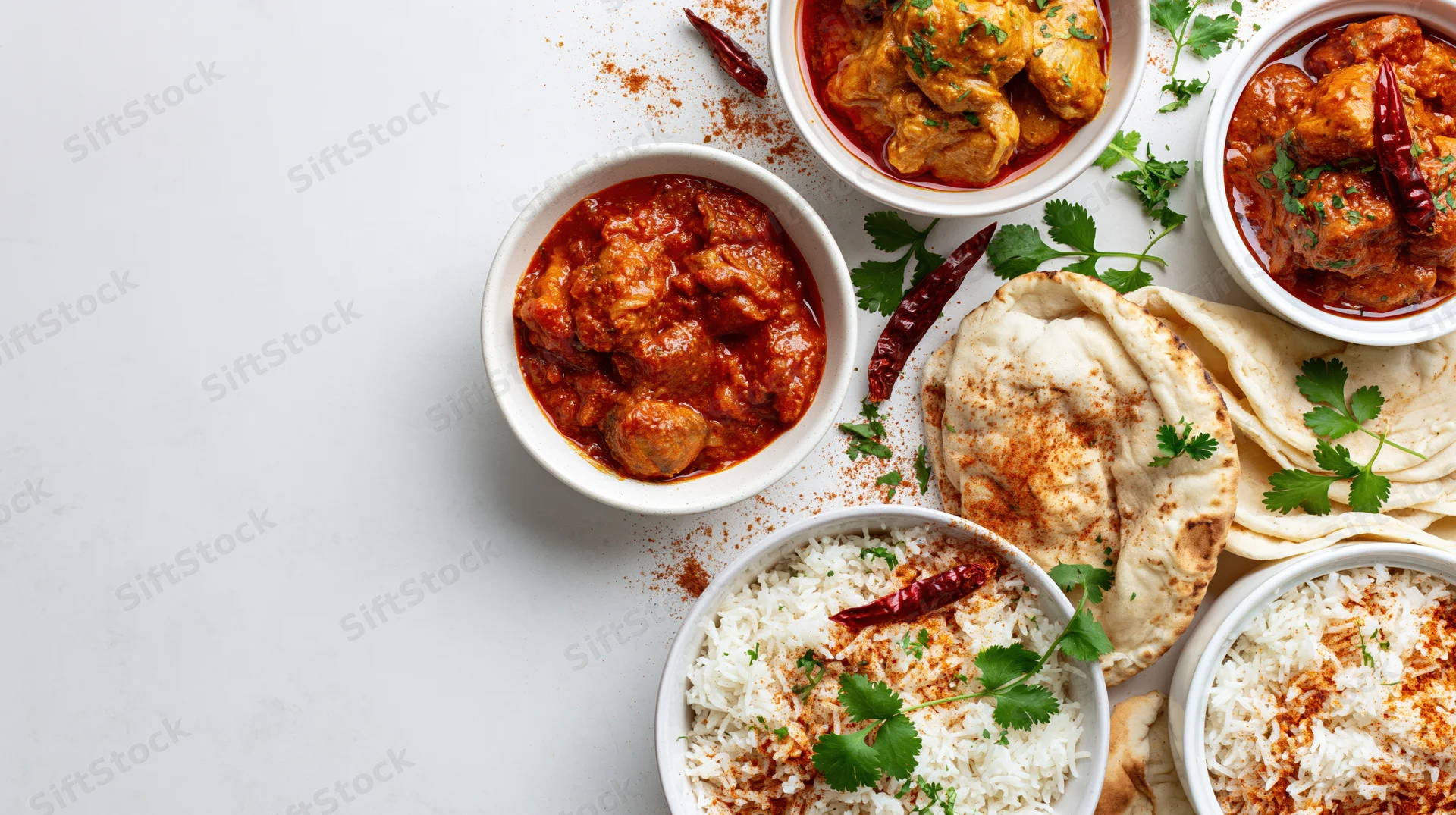 Assorted indian dishes including curry, rice, and naan arranged in bowls on a white surface with garnishes and spices