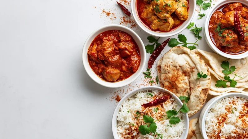 Assorted indian dishes including curry, rice, and naan arranged in bowls on a white surface with garnishes and spices