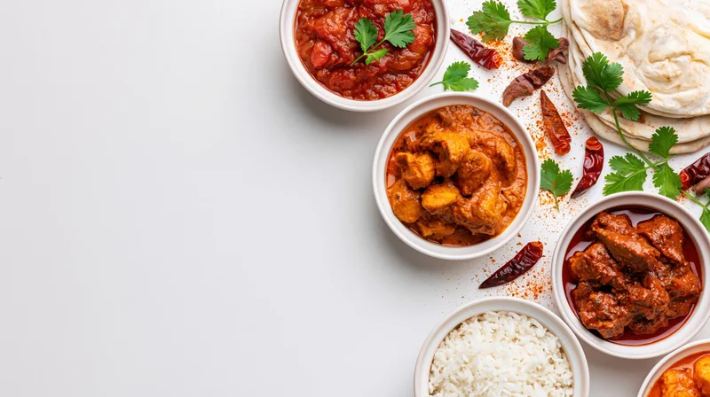 Assorted indian dishes arranged in bowls with rice and naan on white surface
