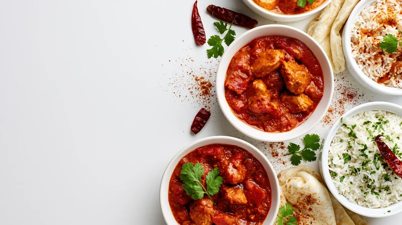 Overhead flat lay of indian curry dishes with rice and naan arranged on white surface