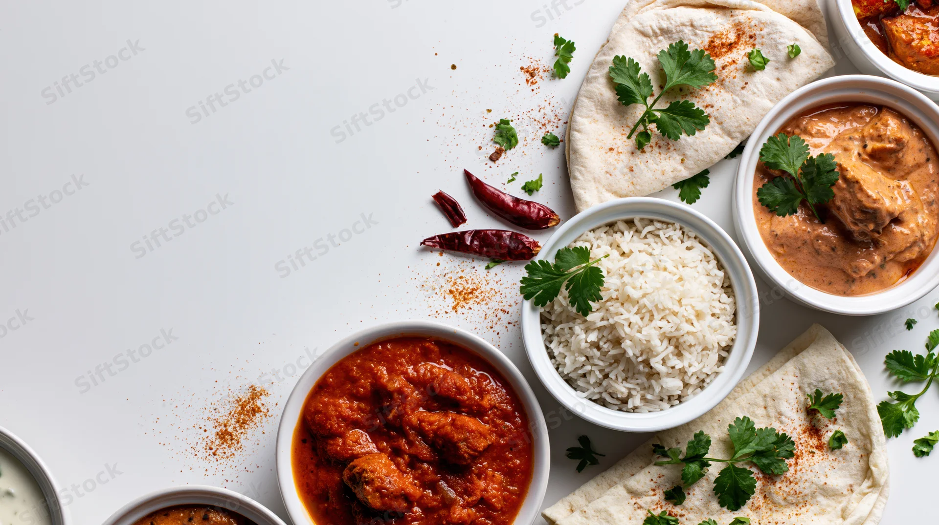 Assorted indian dishes arranged in overhead flat lay on white surface with copyspace