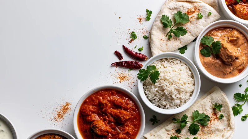 Assorted indian dishes arranged in overhead flat lay on white surface with copyspace