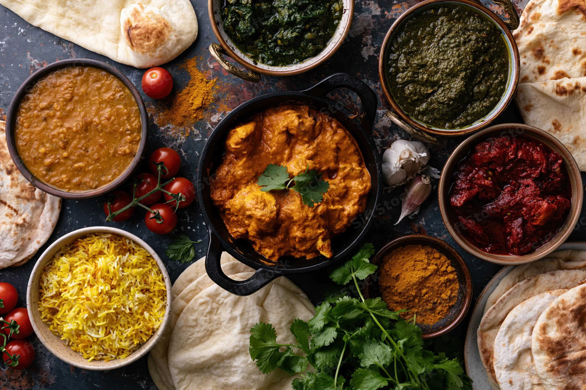Overhead flat lay of assorted indian dishes including curry, naan, rice, and chutney arranged on dark textured surface