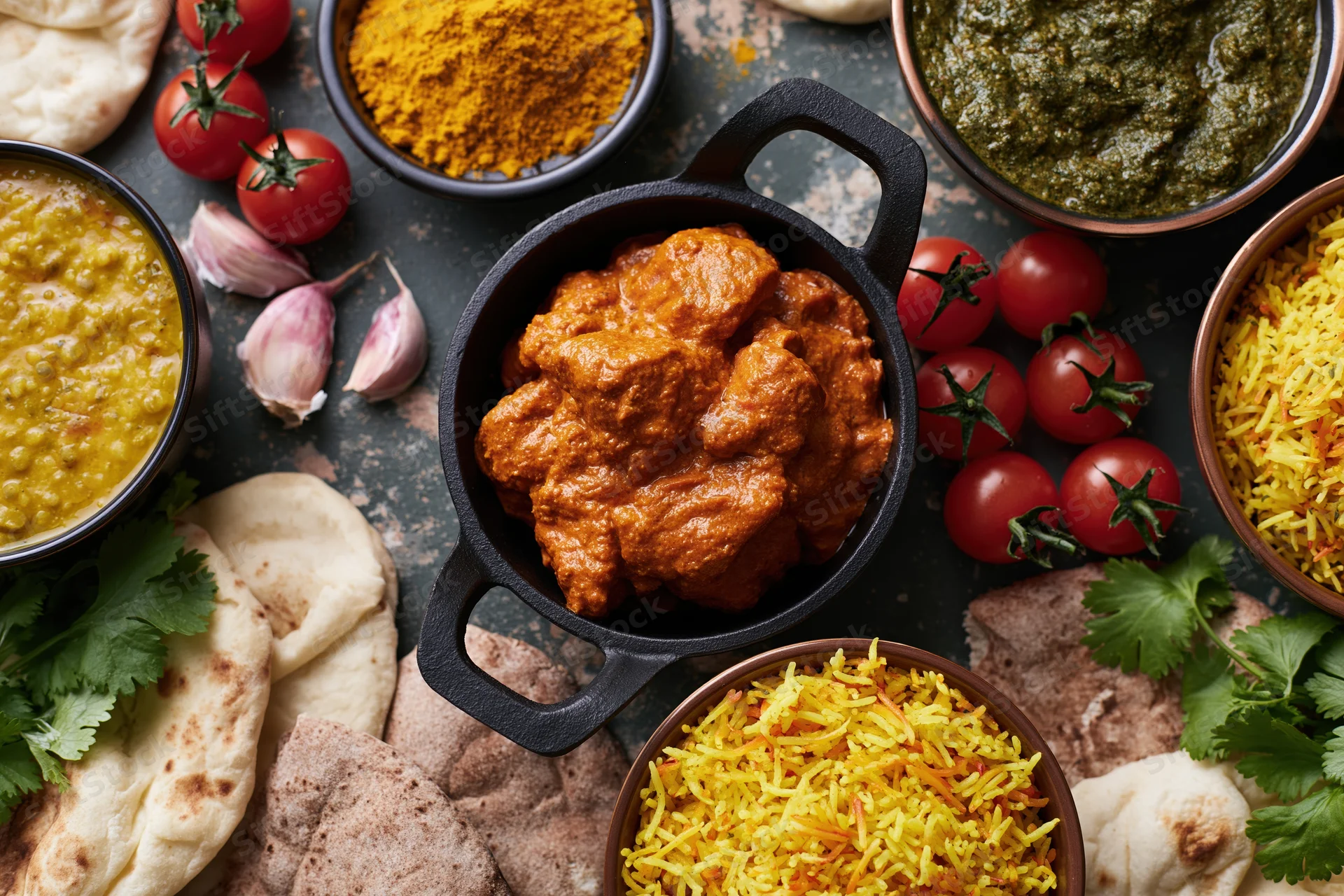 Overhead flat lay of assorted indian dishes including curry, rice, naan, and spices arranged on a dark textured surface