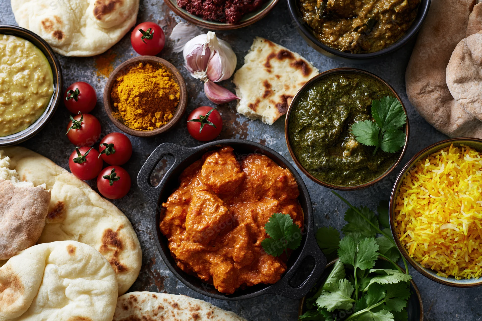 Overhead flat lay of assorted Indian dishes including curry, naan, rice, and spices arranged on a dark surface