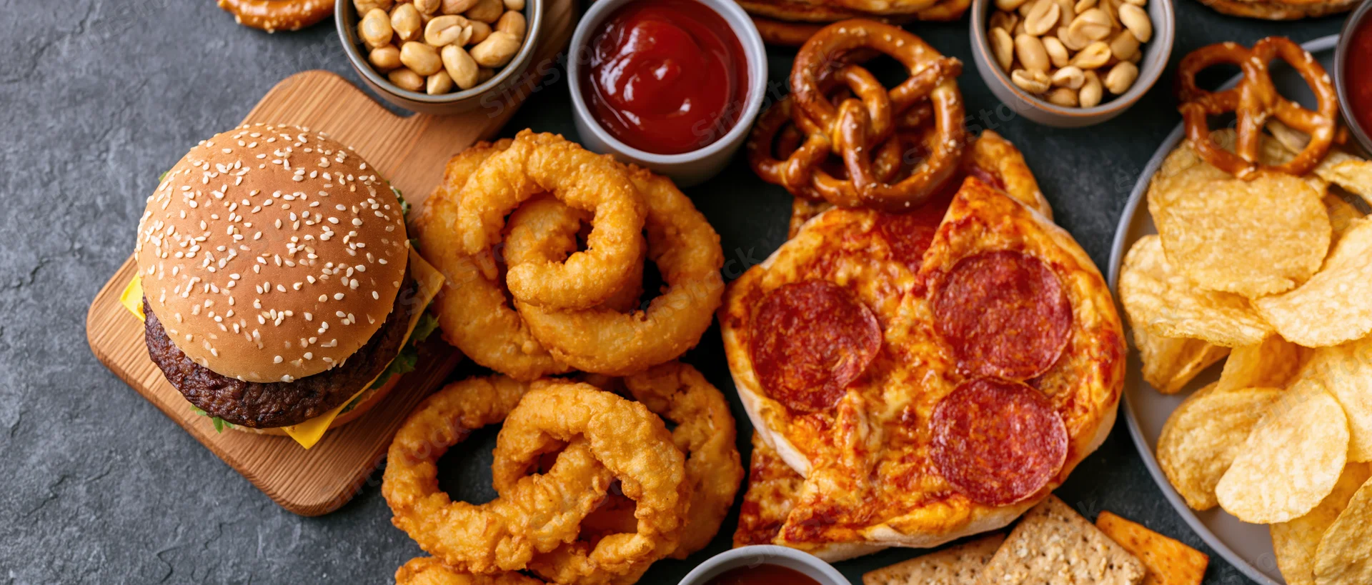 Overhead flat lay of assorted fast food and snacks spread on dark textured surface