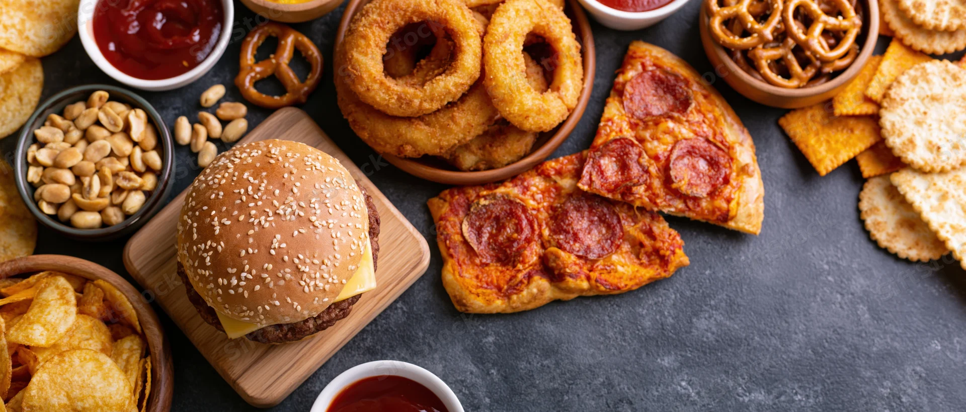 Overhead flat lay of assorted fast food and snacks arranged on dark surface with copyspace