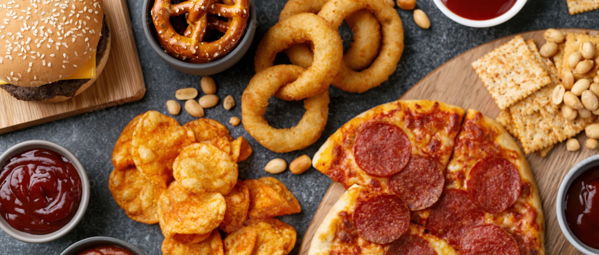 Overhead flat lay of assorted fast food and snacks including pizza, burger, onion rings, pretzels, chips, ketchup, peanuts and crackers on dark surface
