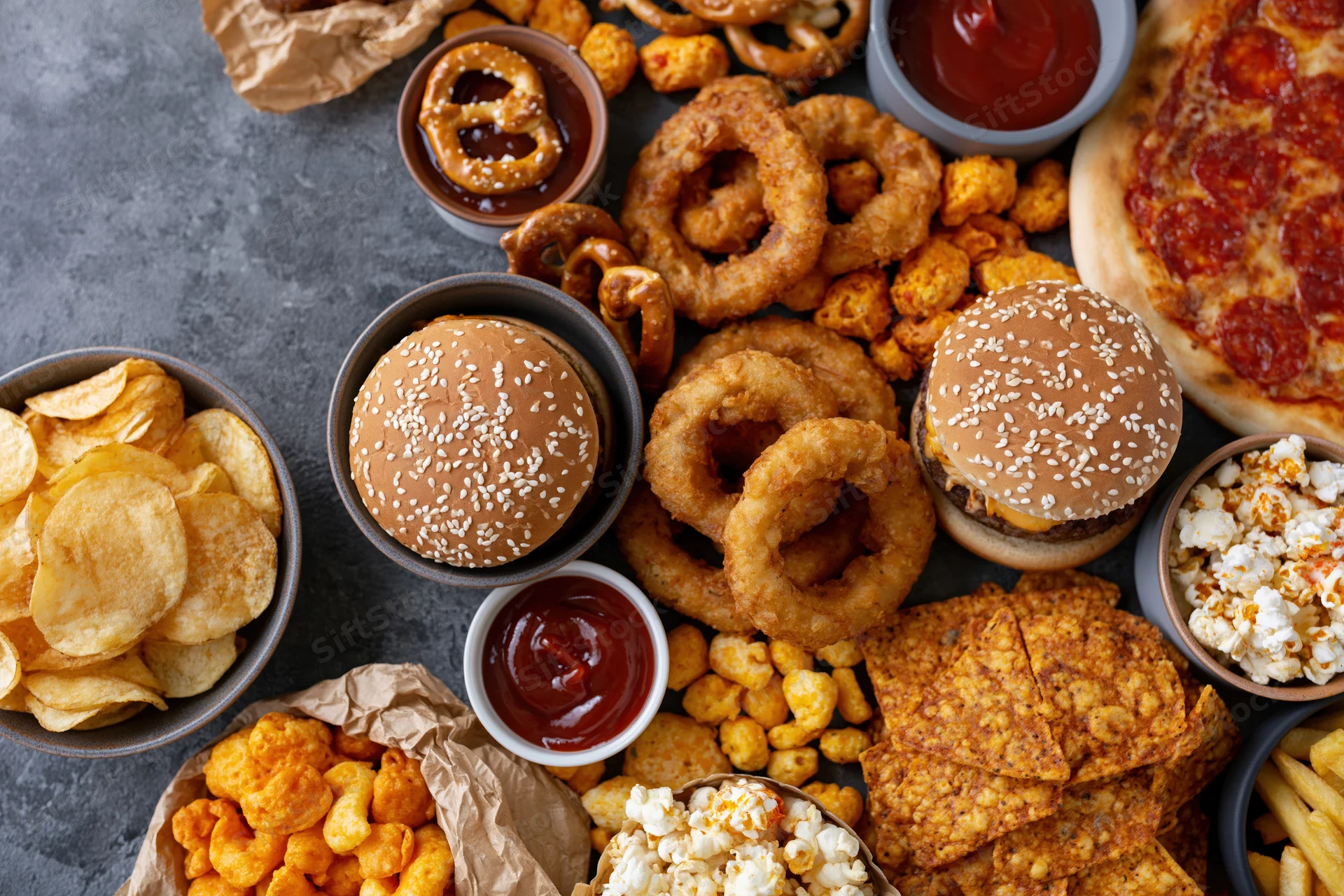 Overhead flat lay of assorted fast food and snacks spread on a gray stone surface