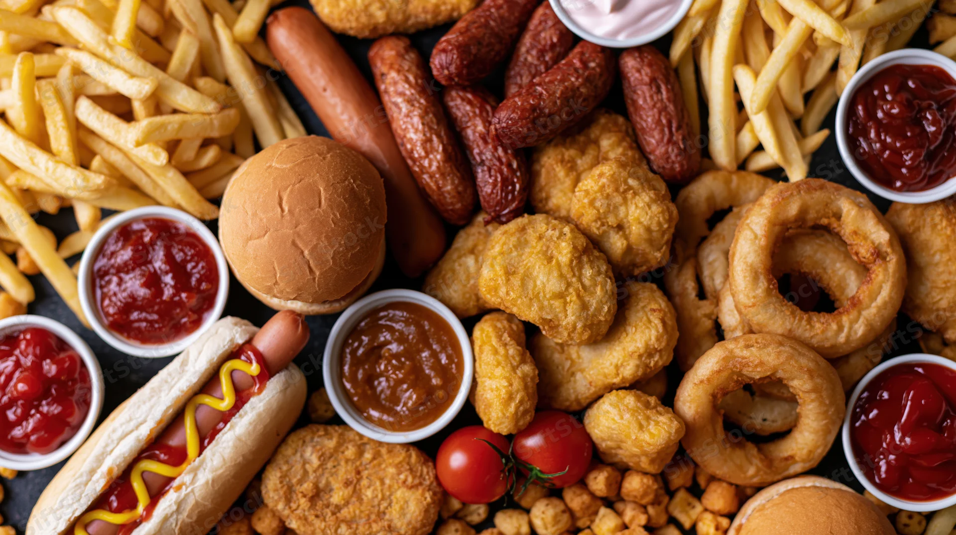 Overhead flat lay of assorted fast food items densely arranged on dark surface