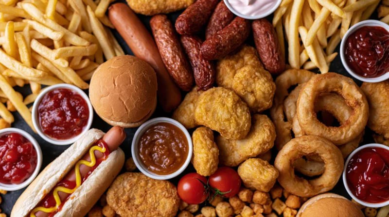 Overhead flat lay of assorted fast food items densely arranged on dark surface