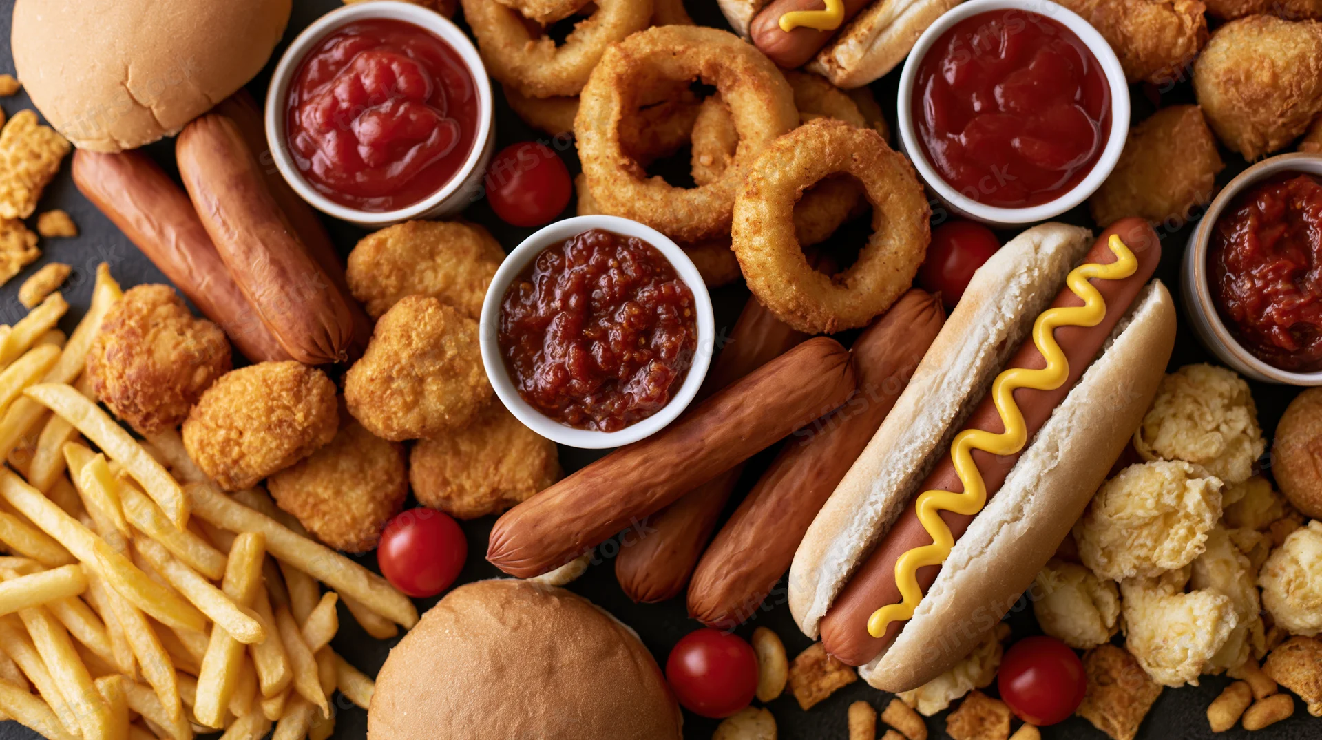 Overhead flat lay of assorted fast food items densely arranged on dark surface