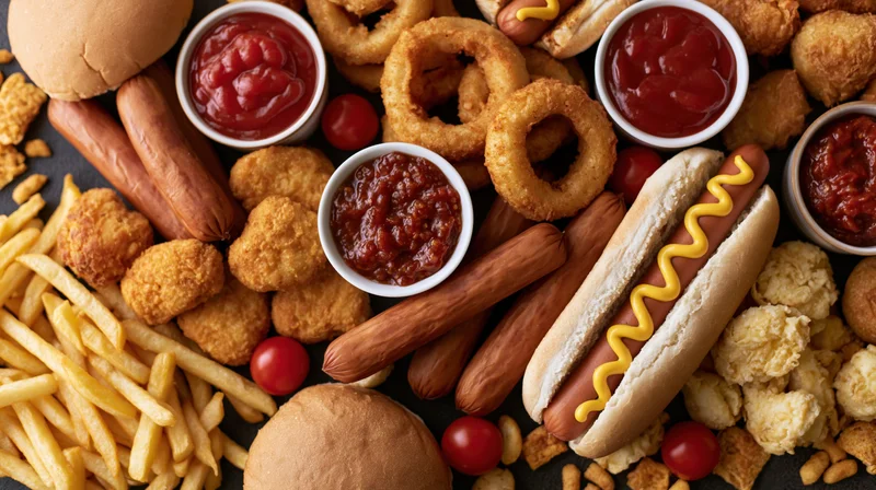 Overhead flat lay of assorted fast food items densely arranged on dark surface