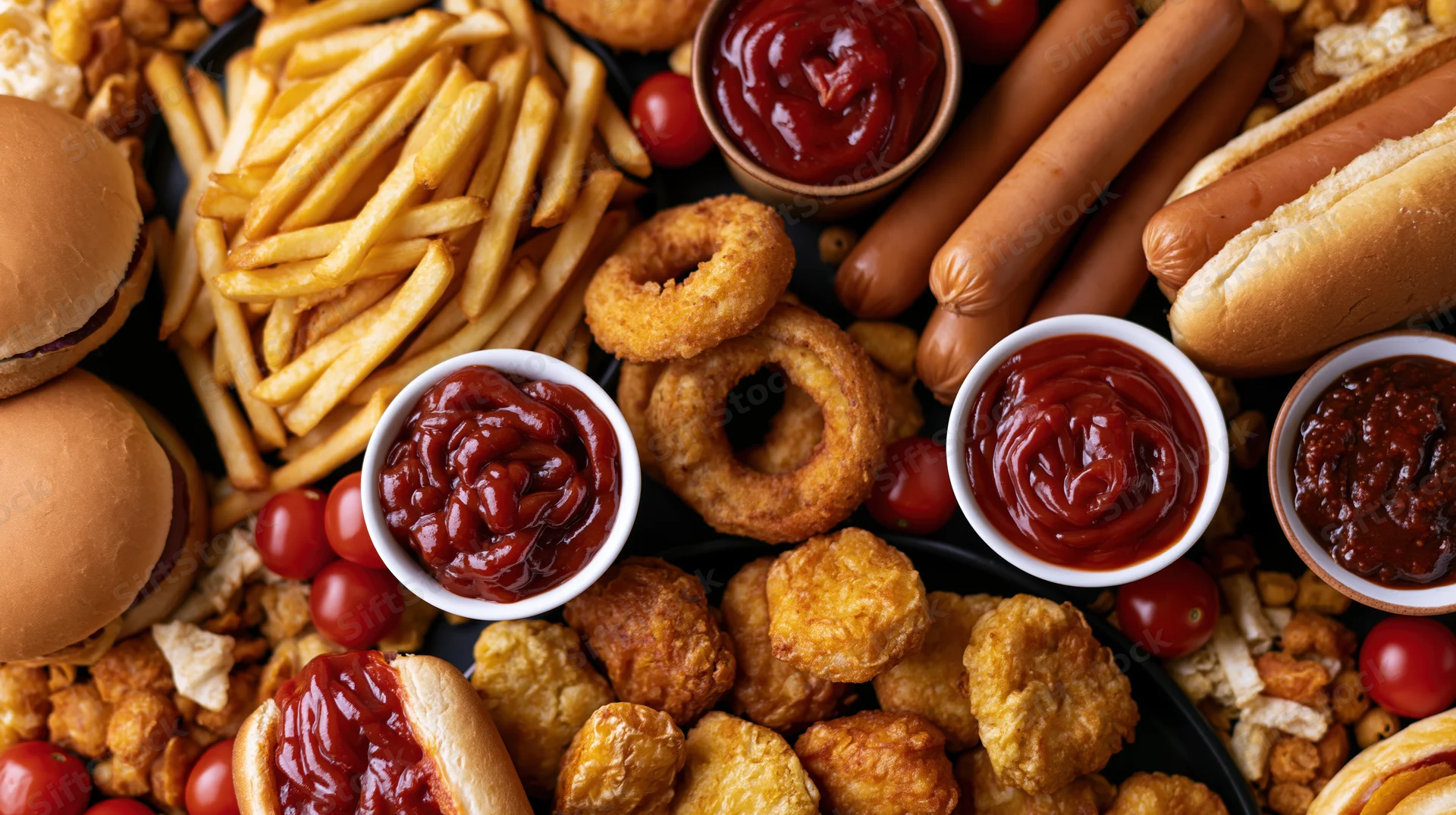 Overhead flat lay of assorted fast food items densely arranged on a tray