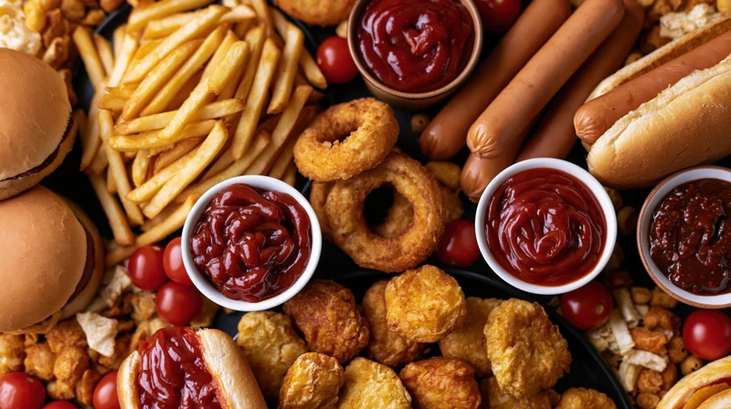 Overhead flat lay of assorted fast food items densely arranged on a tray