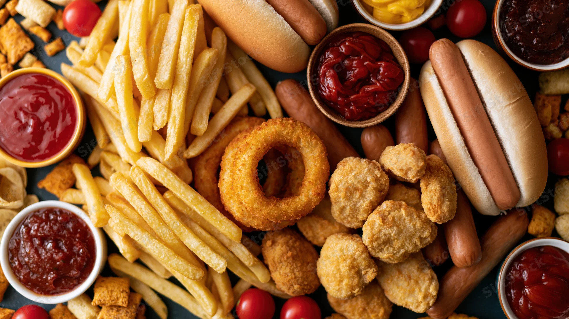 Overhead flat lay of assorted fast food items densely arranged on dark surface