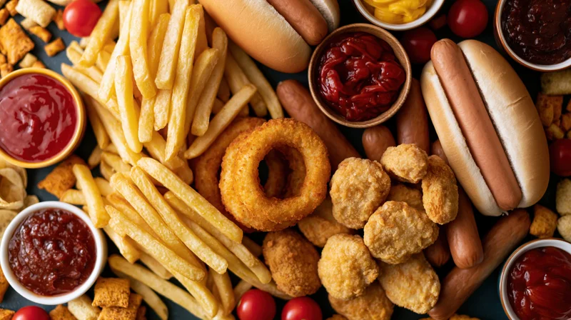 Overhead flat lay of assorted fast food items densely arranged on dark surface