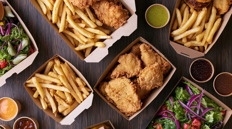 Overhead flat lay of assorted fast food including fried chicken, french fries, and salads arranged on dark wood surface with dipping sauces in small bowls