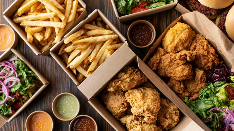 Fried chicken and french fries in cardboard boxes with salads and dipping sauces arranged on dark wood surface