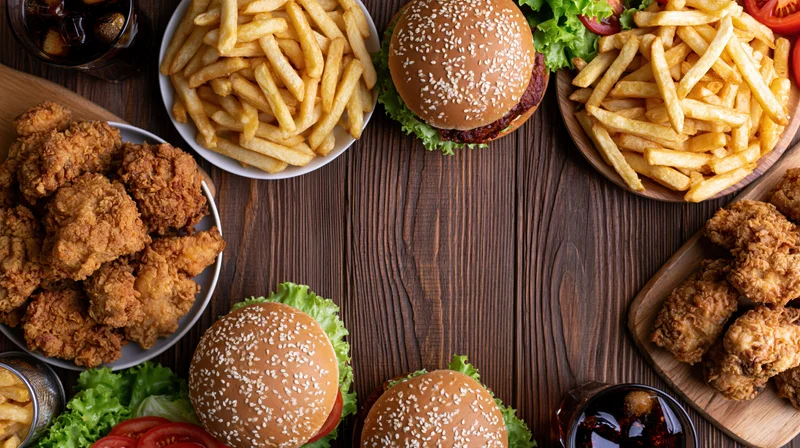 Overhead flat lay of burgers, fries, fried chicken and soda arranged on dark wooden table