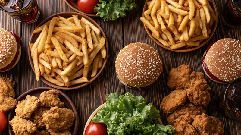 Overhead flat lay of assorted fast food including burgers, fries, fried chicken and soda on a dark wooden table