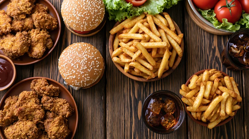 Assorted fast food including burgers, fries, fried chicken and soda arranged on a dark wooden table in overhead flat lay view