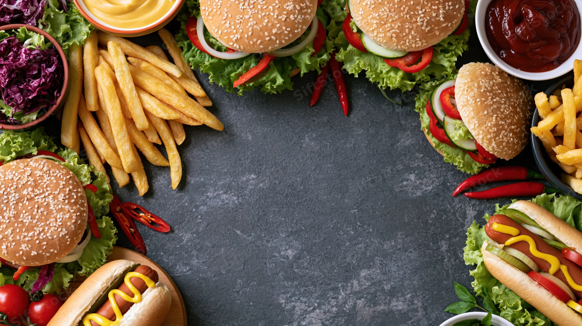 Assorted fast food items arranged in a circle on dark surface with central copyspace