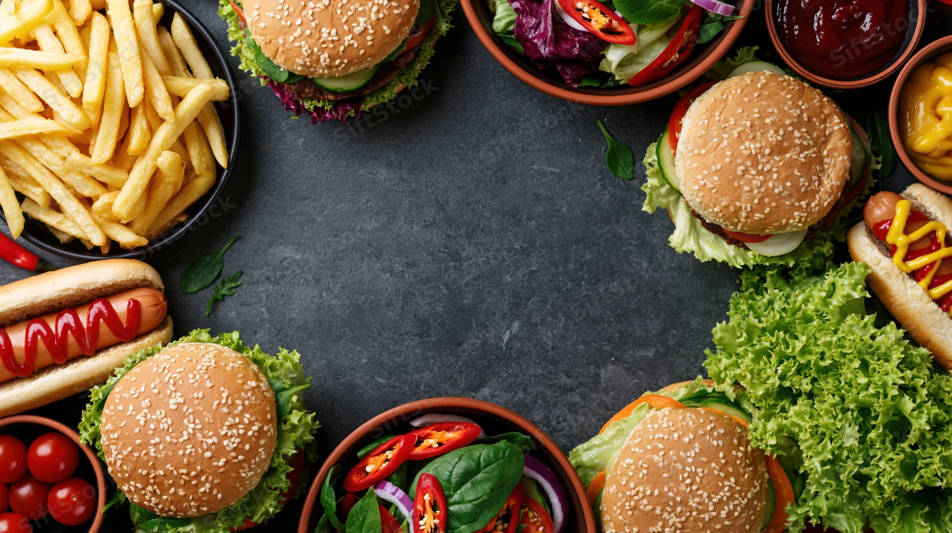 Assorted fast food items arranged in a circle on dark surface with central copyspace