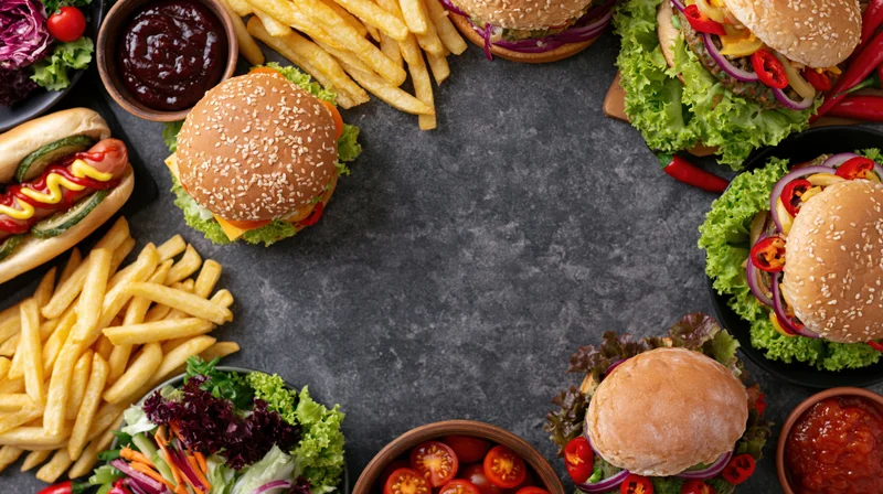 Assorted fast food items arranged in a circular flat lay on a dark stone surface with central copyspace