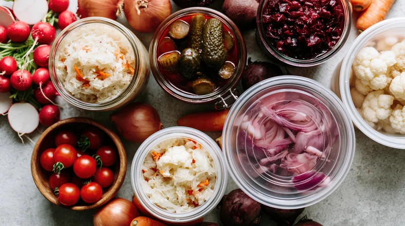Overhead flat lay of assorted fermented and pickled vegetables on a countertop