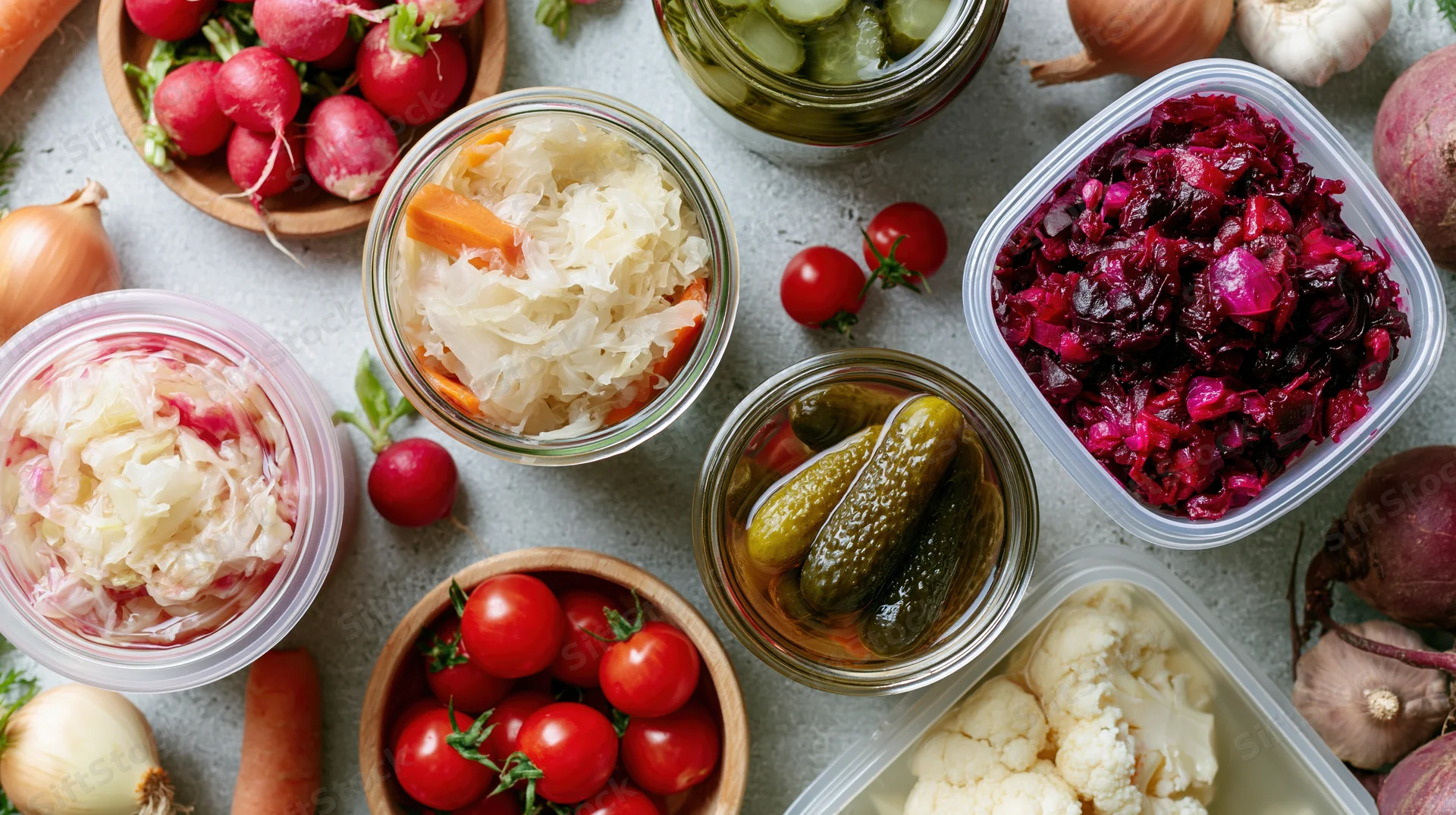 Overhead flat lay of fermented and pickled vegetables arranged on a countertop with jars, bowls, and fresh produce