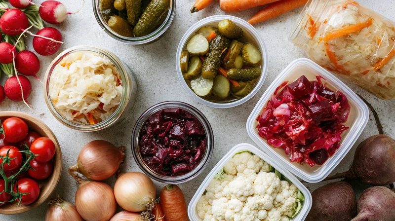 Overhead flat lay of assorted fermented and pickled vegetables on countertop