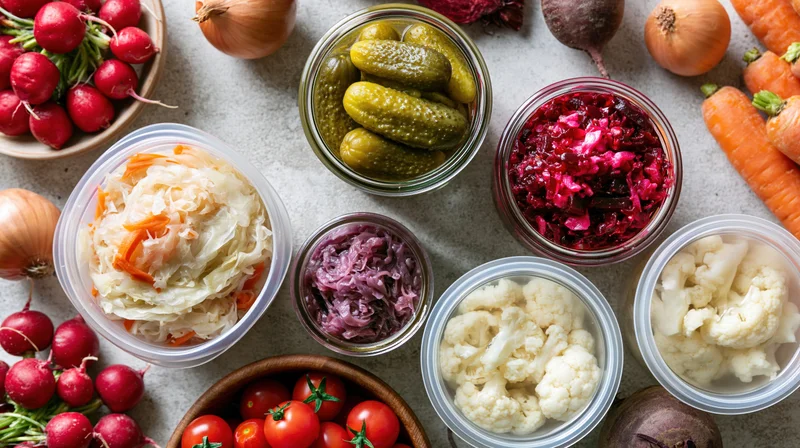 Overhead flat lay of assorted fermented and pickled vegetables on a countertop