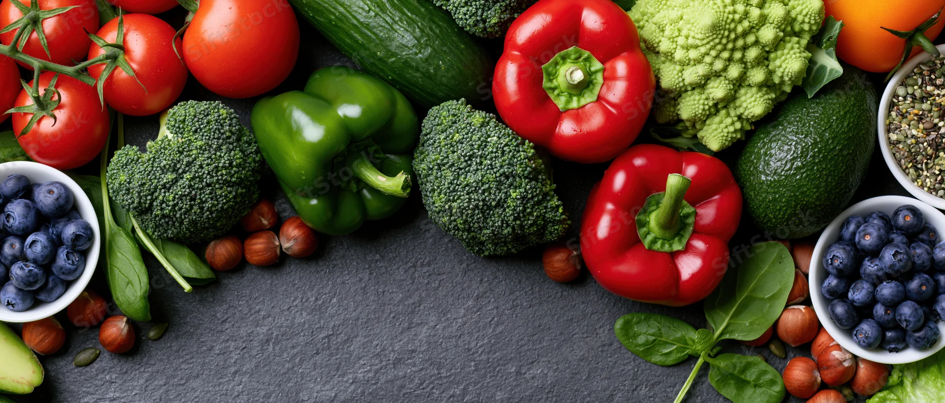 Overhead flat lay of fresh vegetables fruits and nuts arranged on dark surface with copyspace