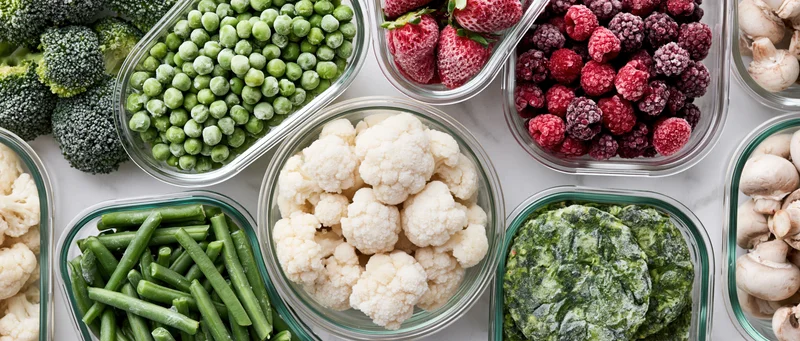 Overhead flat lay of assorted frozen vegetables and fruits in glass containers on white surface