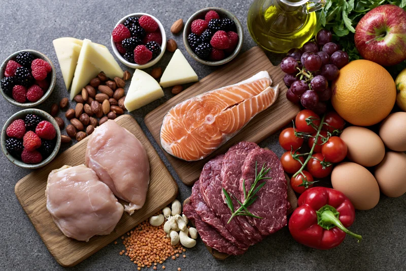Overhead flat lay of assorted whole foods including salmon, chicken, beef, eggs, cheese, nuts, berries, fruits, vegetables, and olive oil arranged on dark surface